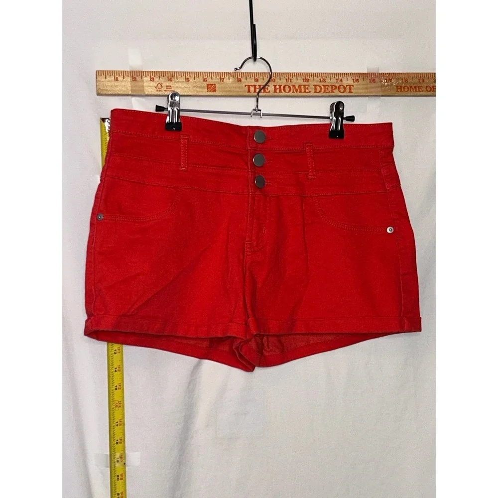 No Boundaries Womens Red Mid‎ Rise Triple Button Fly Denim Shorts Size 15